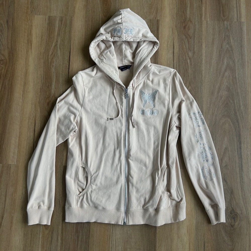 Vintage BCBGMAXAZRIA Rhinestone Butterfly Zip Up Hoodie Beige Tan XL Y2K McBling